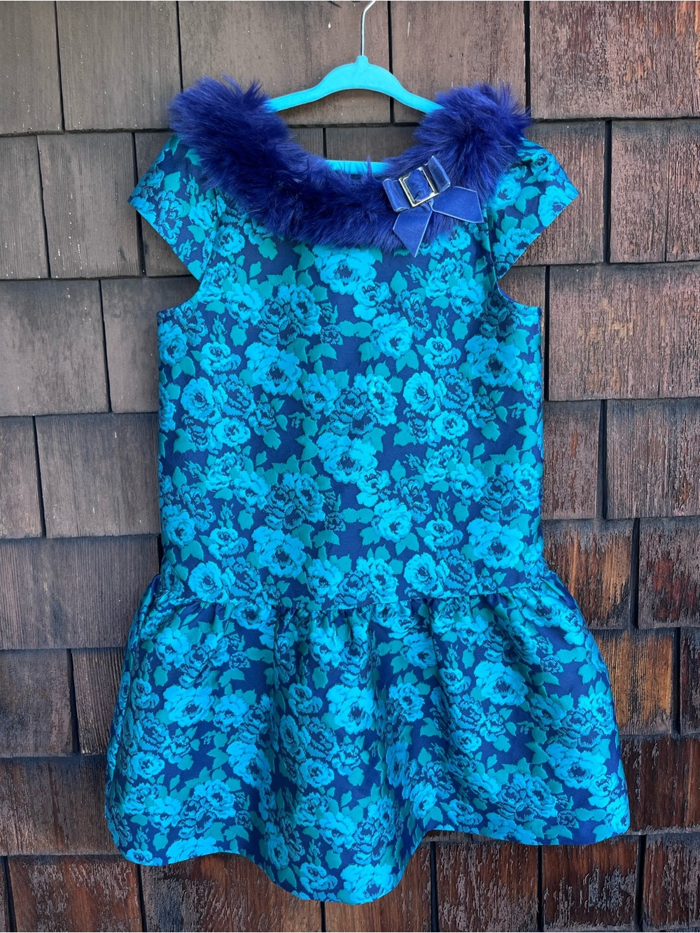 Janie and Jack sz 8 blue brocade girls winter dress ~ fur collar and bow